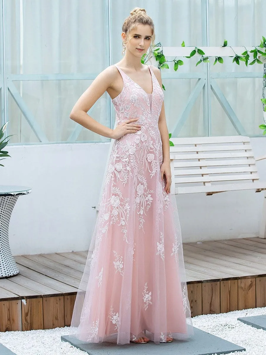 Floral Embroidered V Neck A-Line Tulle Wedding & Bridesmaid Dresses