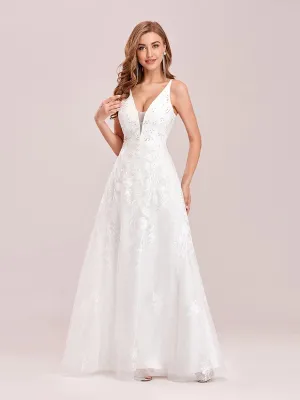 Floral Embroidered V Neck A-Line Tulle Wedding & Bridesmaid Dresses