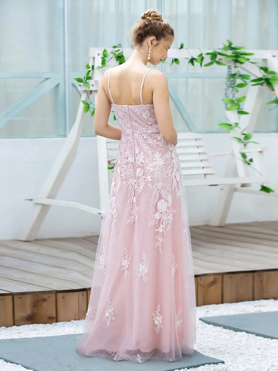 Floral Embroidered V Neck A-Line Tulle Wedding & Bridesmaid Dresses
