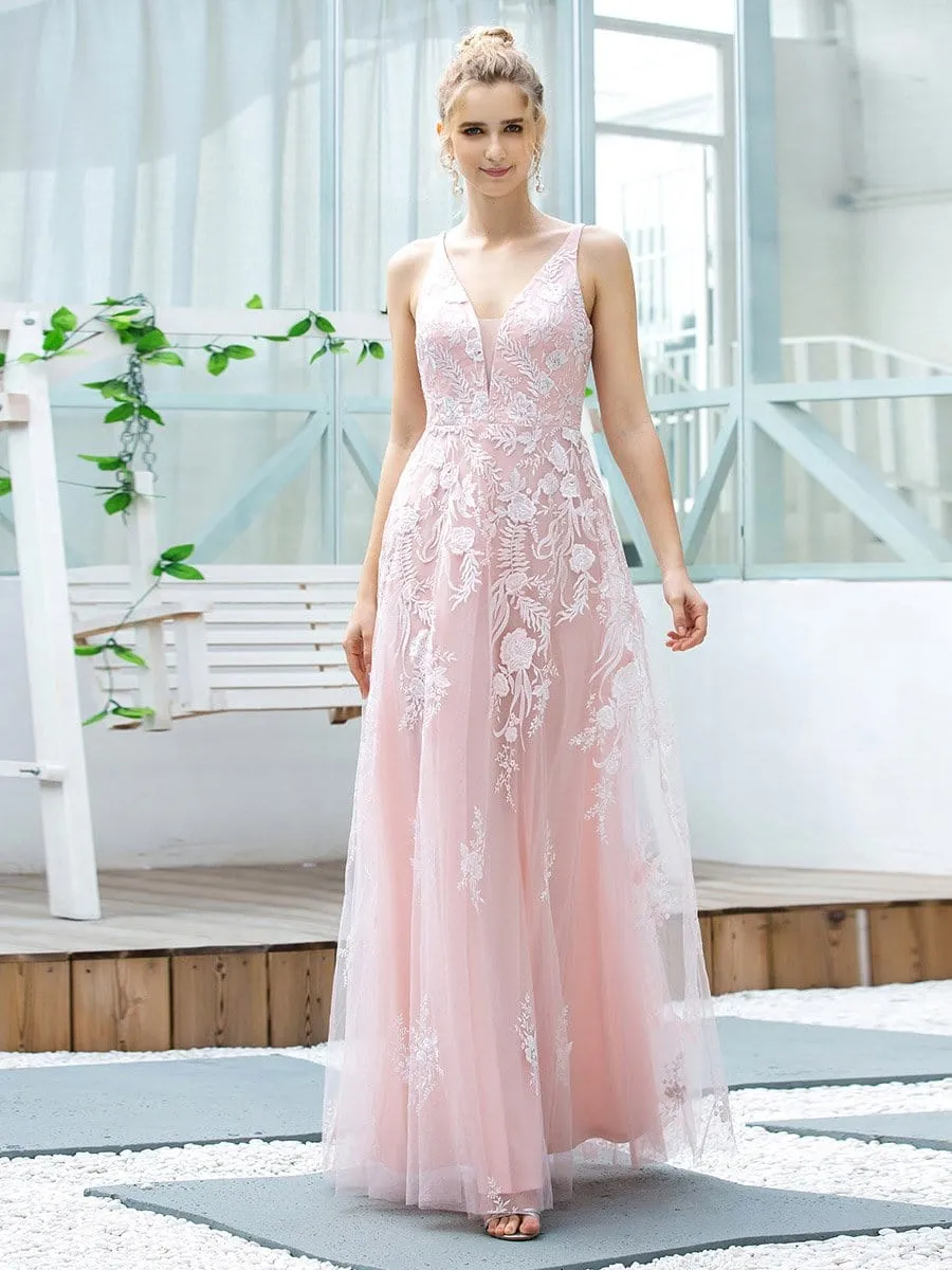 Floral Embroidered V Neck A-Line Tulle Wedding & Bridesmaid Dresses