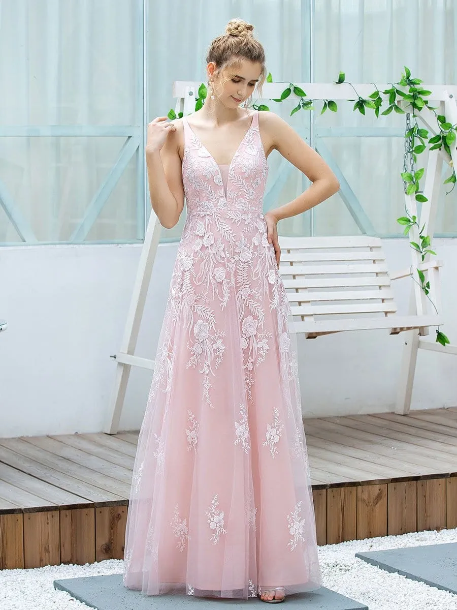 Floral Embroidered V Neck A-Line Tulle Wedding & Bridesmaid Dresses