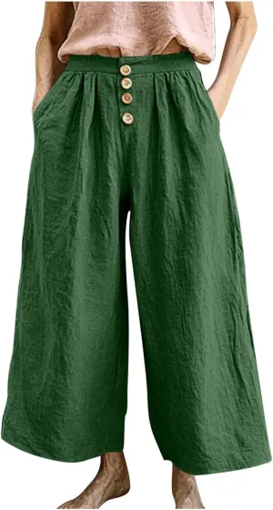 Flowy Pants for Women Summer Cotton Linen Wide Leg Palazzo Pants Beach Casual Button Down Trouser with Pockets