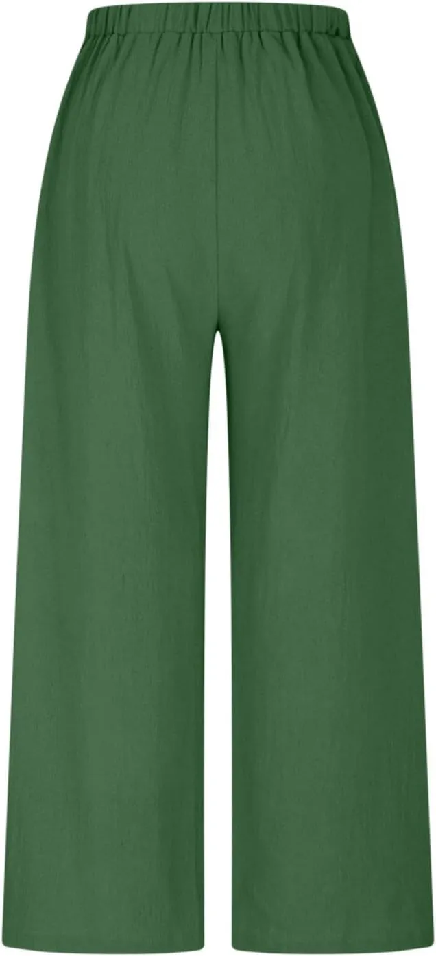 Flowy Pants for Women Summer Cotton Linen Wide Leg Palazzo Pants Beach Casual Button Down Trouser with Pockets