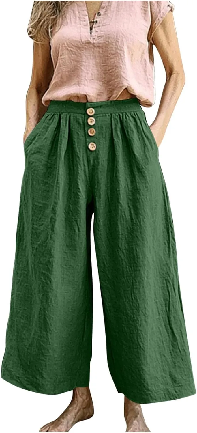 Flowy Pants for Women Summer Cotton Linen Wide Leg Palazzo Pants Beach Casual Button Down Trouser with Pockets