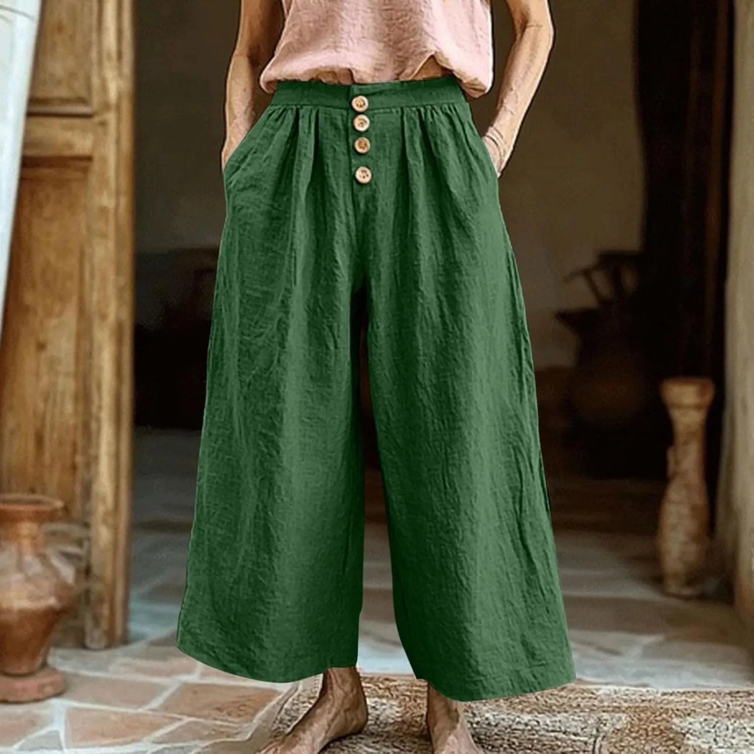 Flowy Pants for Women Summer Cotton Linen Wide Leg Palazzo Pants Beach Casual Button Down Trouser with Pockets