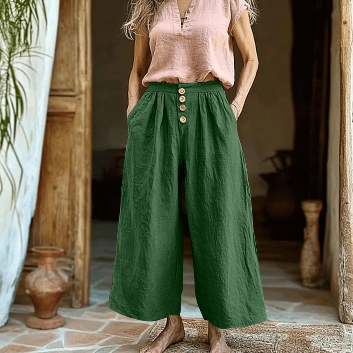 Flowy Pants for Women Summer Cotton Linen Wide Leg Palazzo Pants Beach Casual Button Down Trouser with Pockets