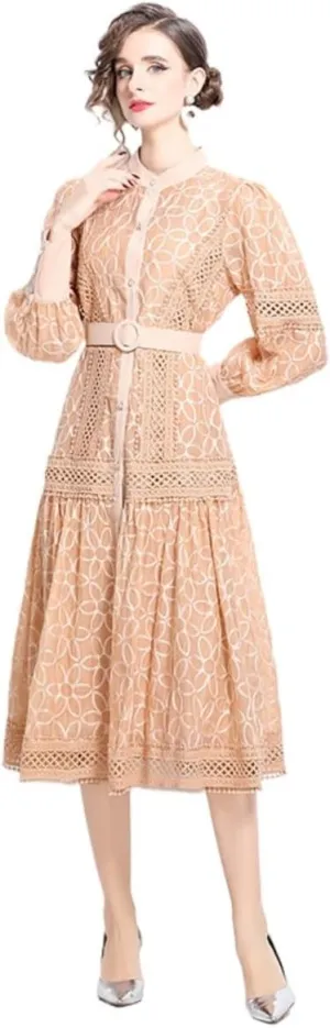 French Palace Style Women's Dress with Lantern Sleeves, Heavy Embroidery, and Waist Design - Long Skirt
