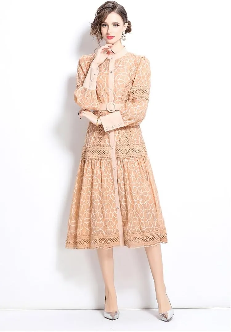 French Palace Style Women's Dress with Lantern Sleeves, Heavy Embroidery, and Waist Design - Long Skirt