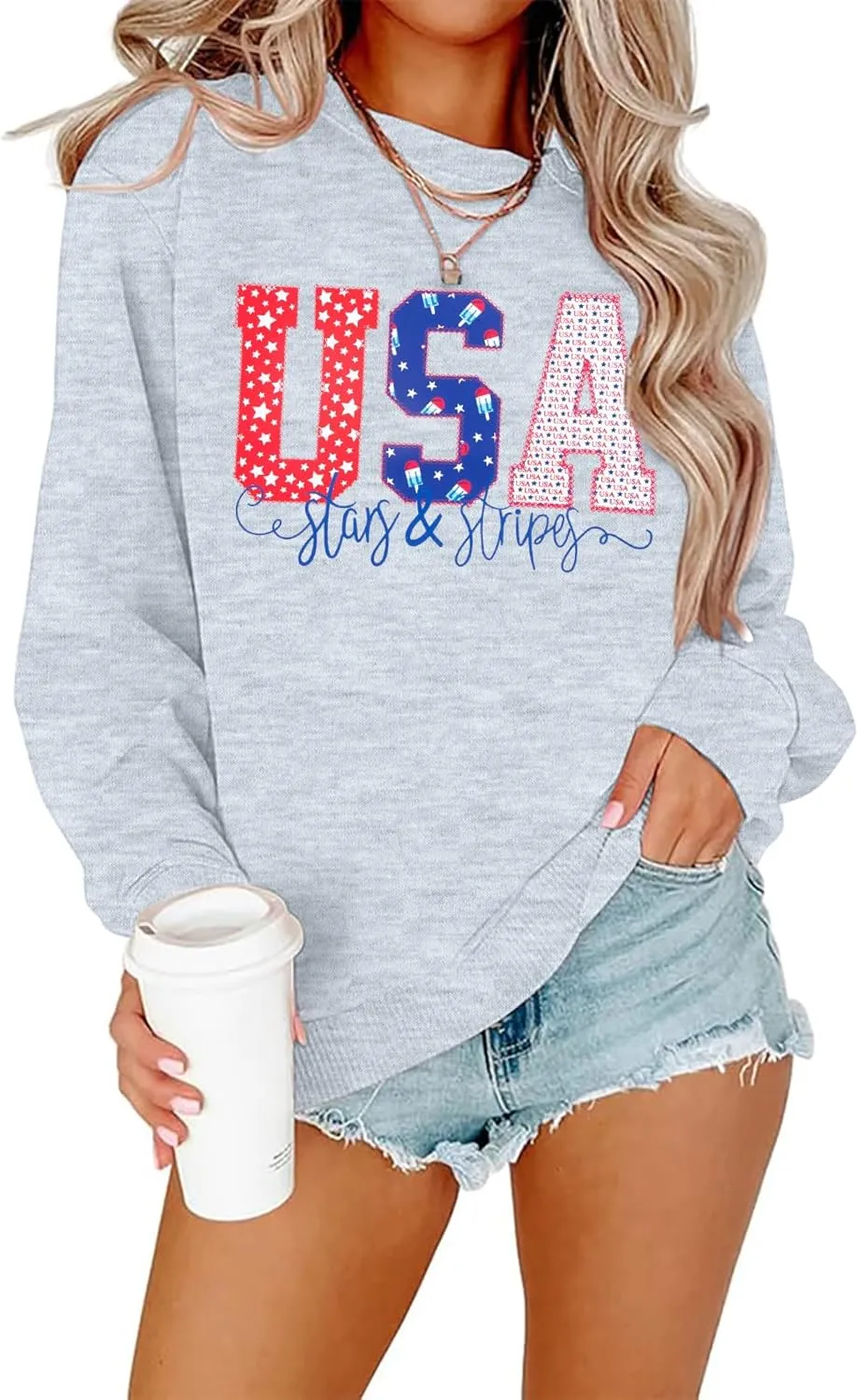 FRYAID USA Sweatshirt Women American Flag Graphic Shirt 4th of July Stars and Stripes Sweater Holiday Casual Long Sleeve Top