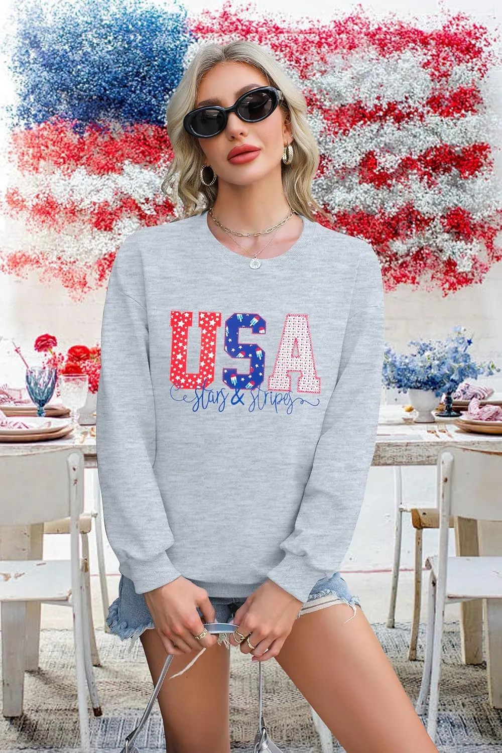 FRYAID USA Sweatshirt Women American Flag Graphic Shirt 4th of July Stars and Stripes Sweater Holiday Casual Long Sleeve Top