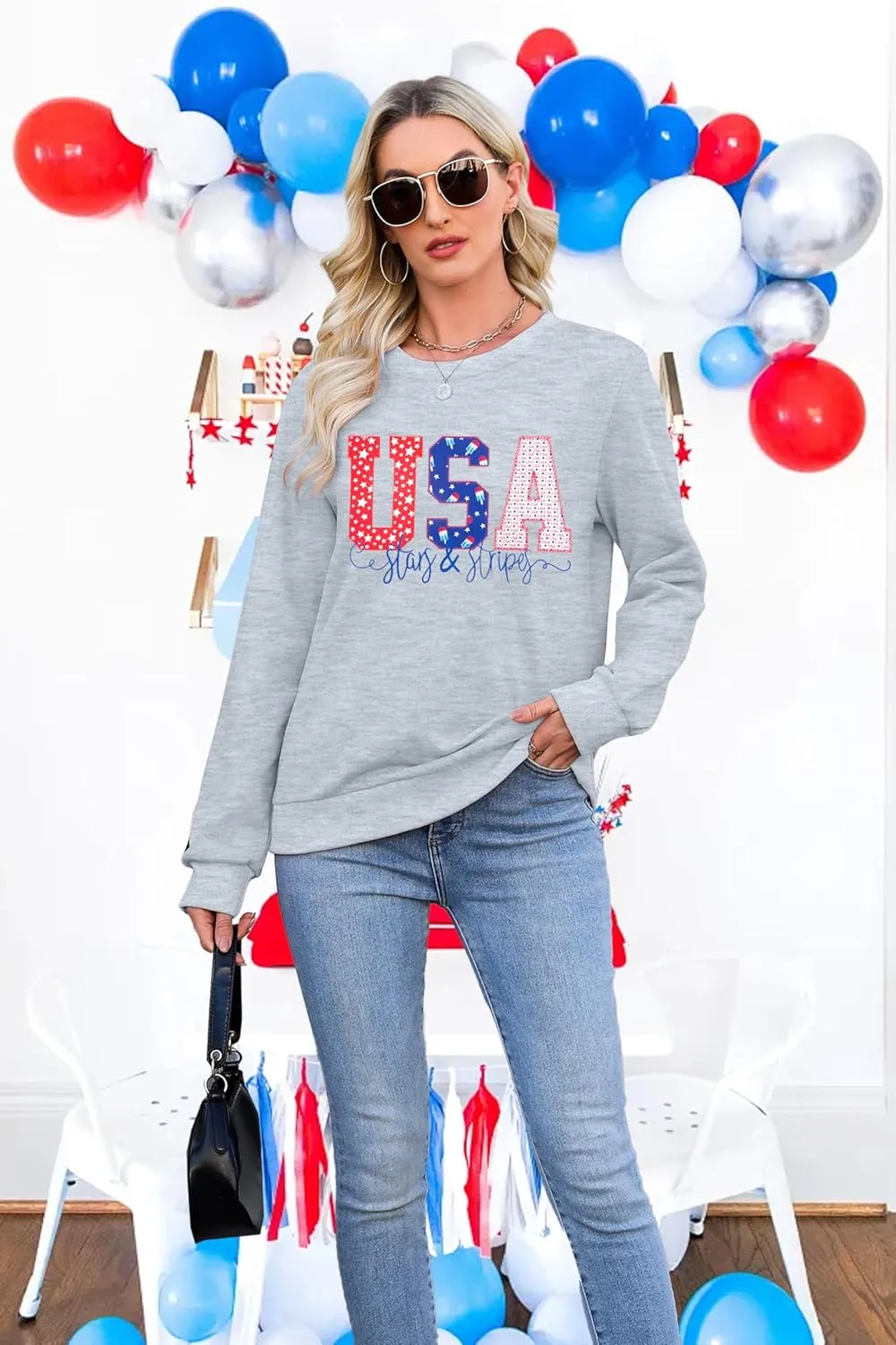 FRYAID USA Sweatshirt Women American Flag Graphic Shirt 4th of July Stars and Stripes Sweater Holiday Casual Long Sleeve Top