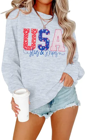 FRYAID USA Sweatshirt Women American Flag Graphic Shirt 4th of July Stars and Stripes Sweater Holiday Casual Long Sleeve Top