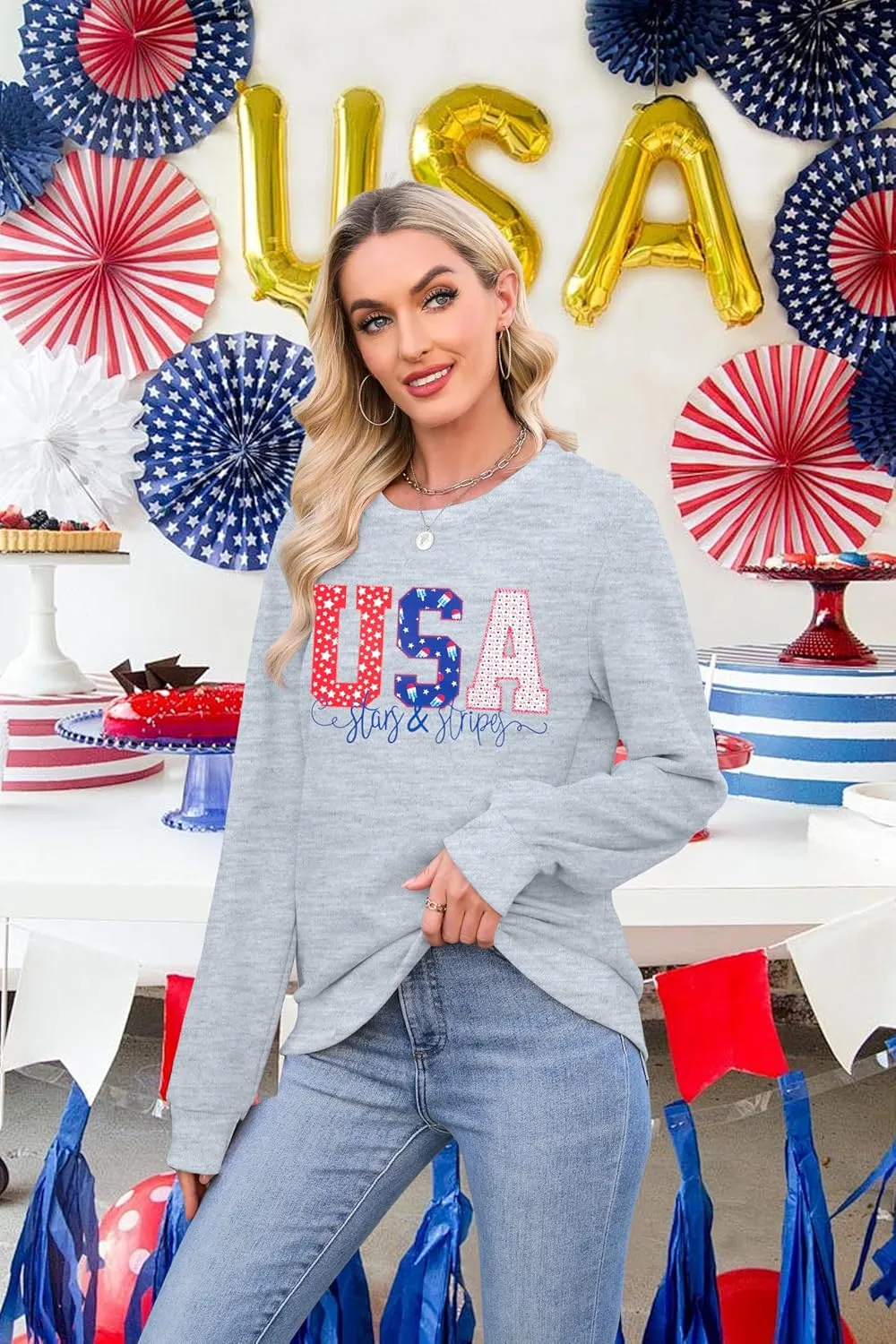 FRYAID USA Sweatshirt Women American Flag Graphic Shirt 4th of July Stars and Stripes Sweater Holiday Casual Long Sleeve Top