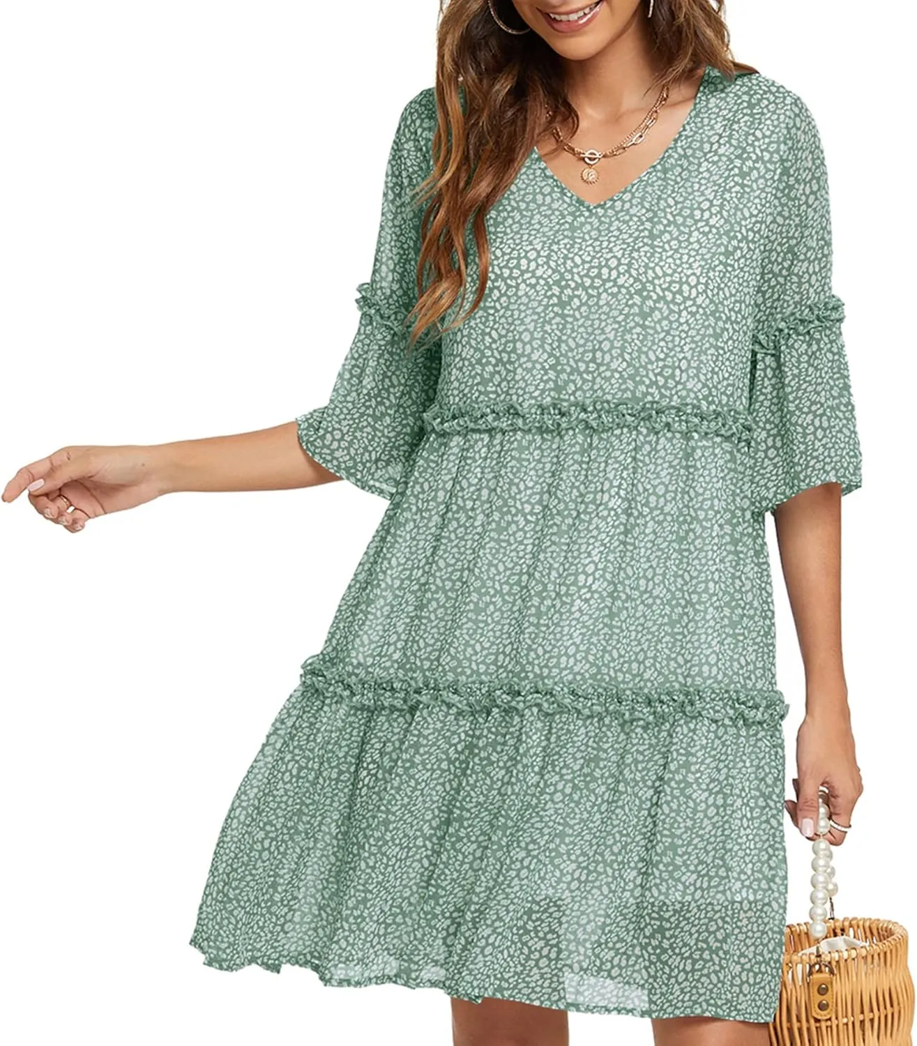 Funlingo Women's Summer Solid Flowy Tunic Mini Dress Short Sleeve V Neck Swing A-line Knee Length Dress