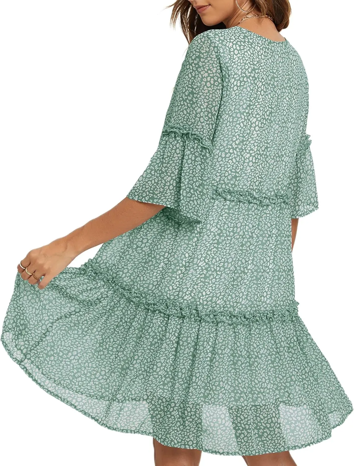 Funlingo Women's Summer Solid Flowy Tunic Mini Dress Short Sleeve V Neck Swing A-line Knee Length Dress