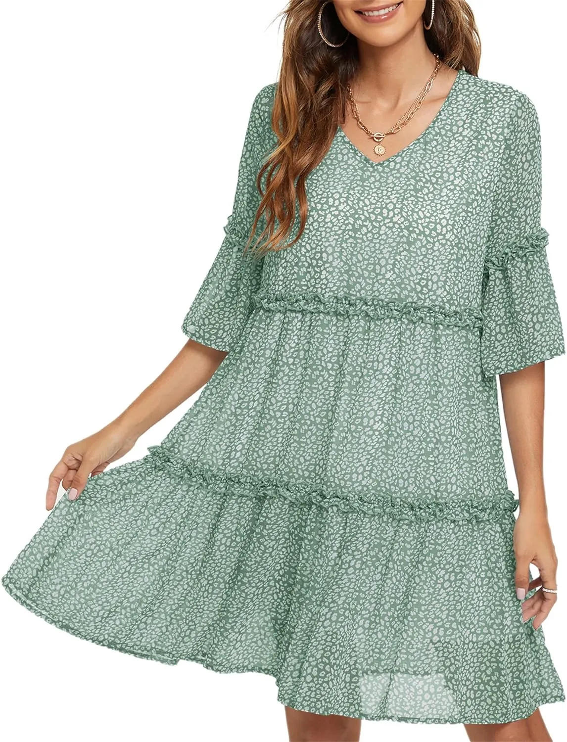Funlingo Women's Summer Solid Flowy Tunic Mini Dress Short Sleeve V Neck Swing A-line Knee Length Dress