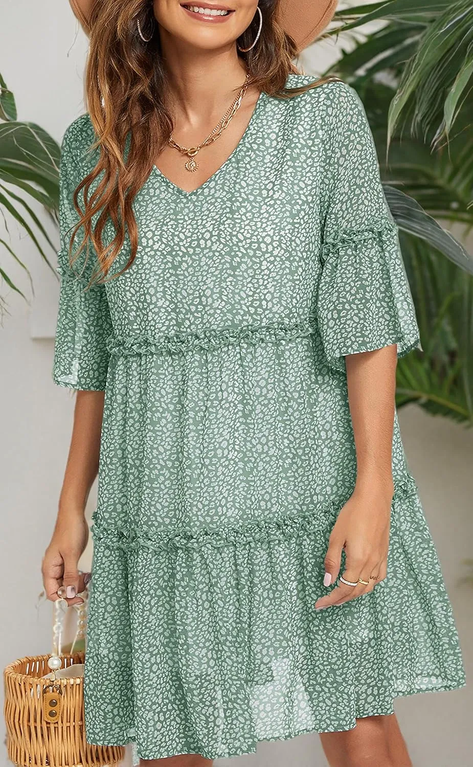 Funlingo Women's Summer Solid Flowy Tunic Mini Dress Short Sleeve V Neck Swing A-line Knee Length Dress