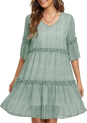 Funlingo Women's Summer Solid Flowy Tunic Mini Dress Short Sleeve V Neck Swing A-line Knee Length Dress