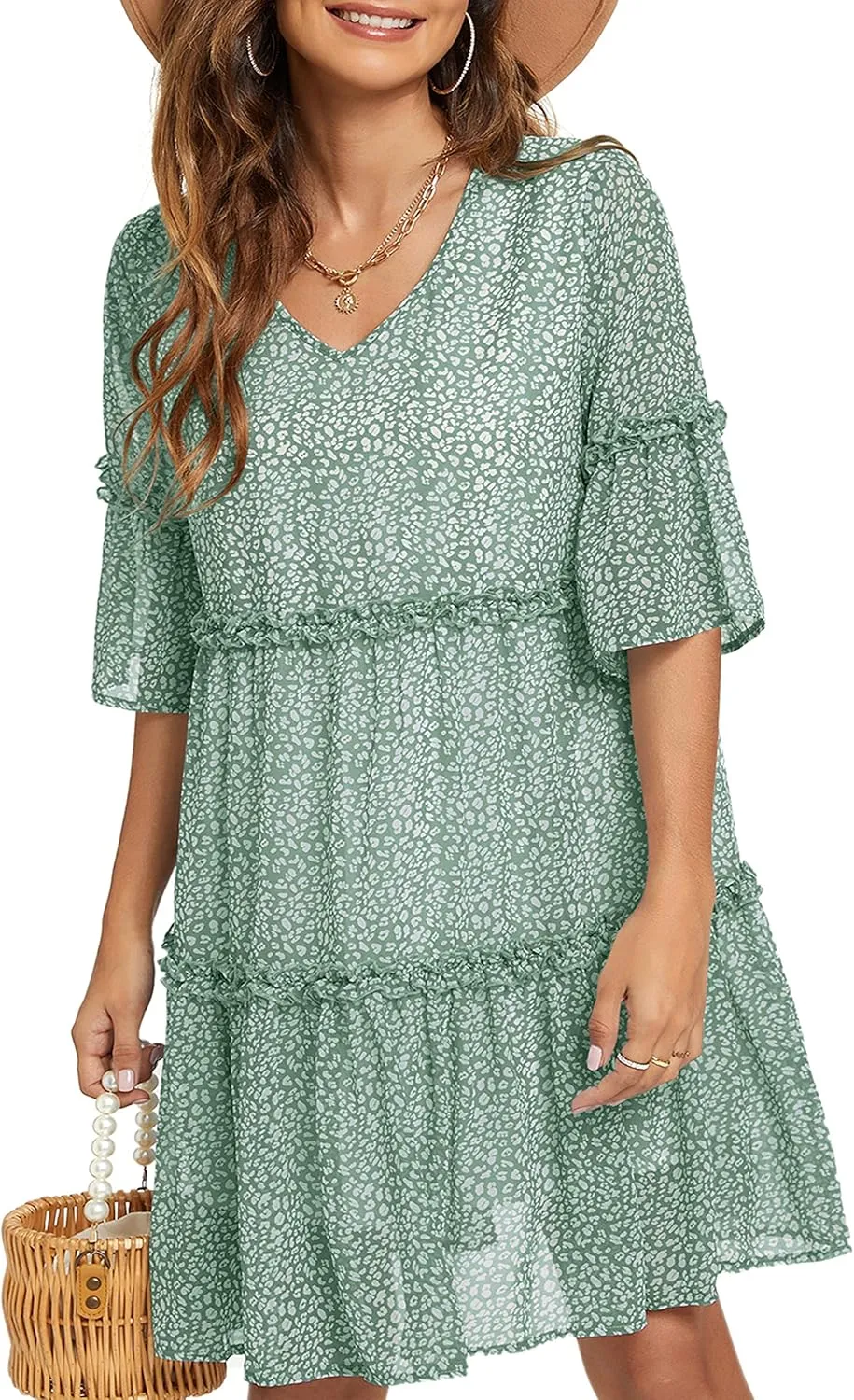 Funlingo Women's Summer Solid Flowy Tunic Mini Dress Short Sleeve V Neck Swing A-line Knee Length Dress