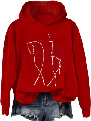 Funny Abstract Horse Print Hoodies Women Oversized Casual Fleece Sweatshirt Cute Knight Graphic Hooded Pullover Tops