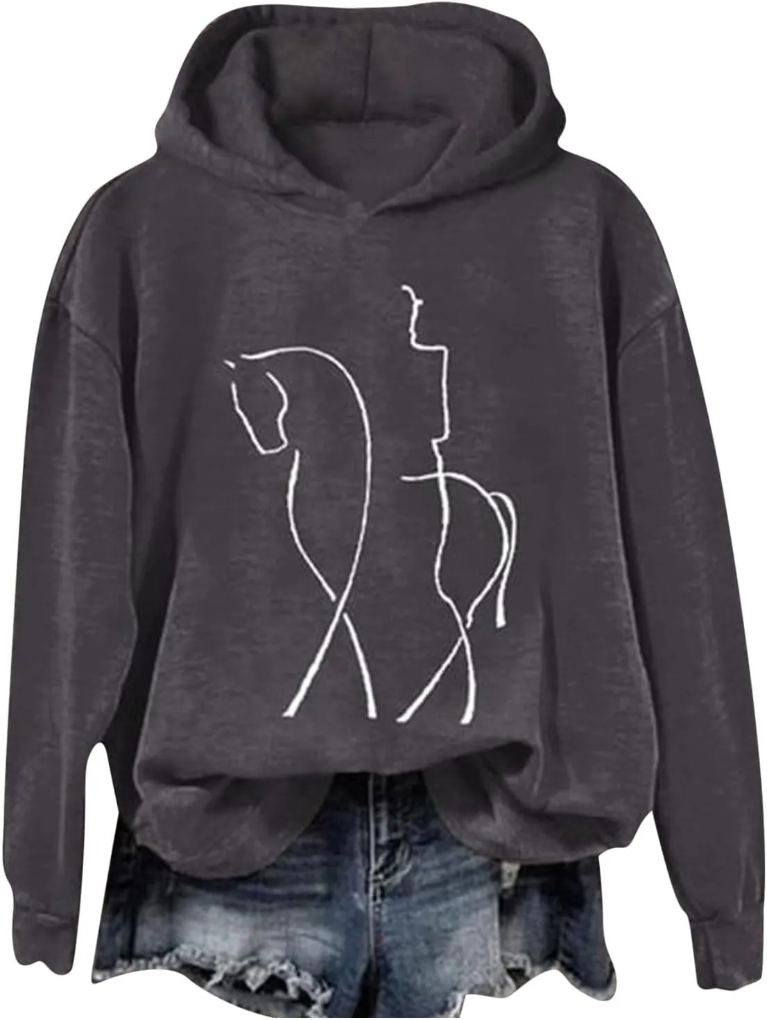 Funny Abstract Horse Print Hoodies Women Oversized Casual Fleece Sweatshirt Cute Knight Graphic Hooded Pullover Tops