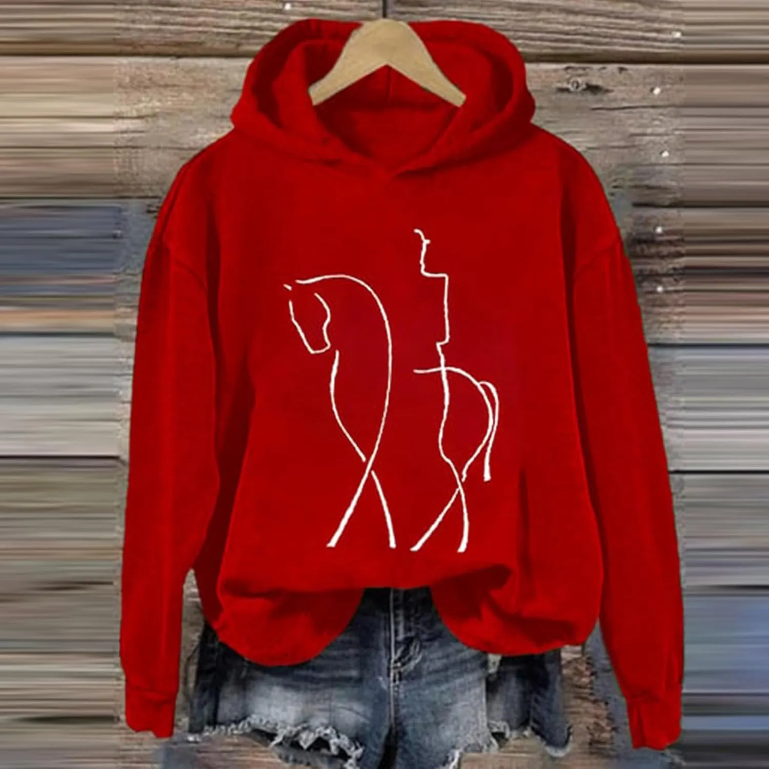 Funny Abstract Horse Print Hoodies Women Oversized Casual Fleece Sweatshirt Cute Knight Graphic Hooded Pullover Tops