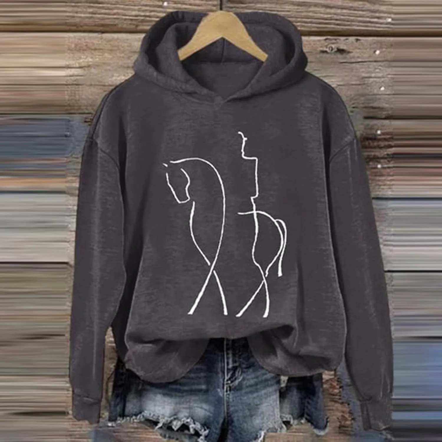 Funny Abstract Horse Print Hoodies Women Oversized Casual Fleece Sweatshirt Cute Knight Graphic Hooded Pullover Tops