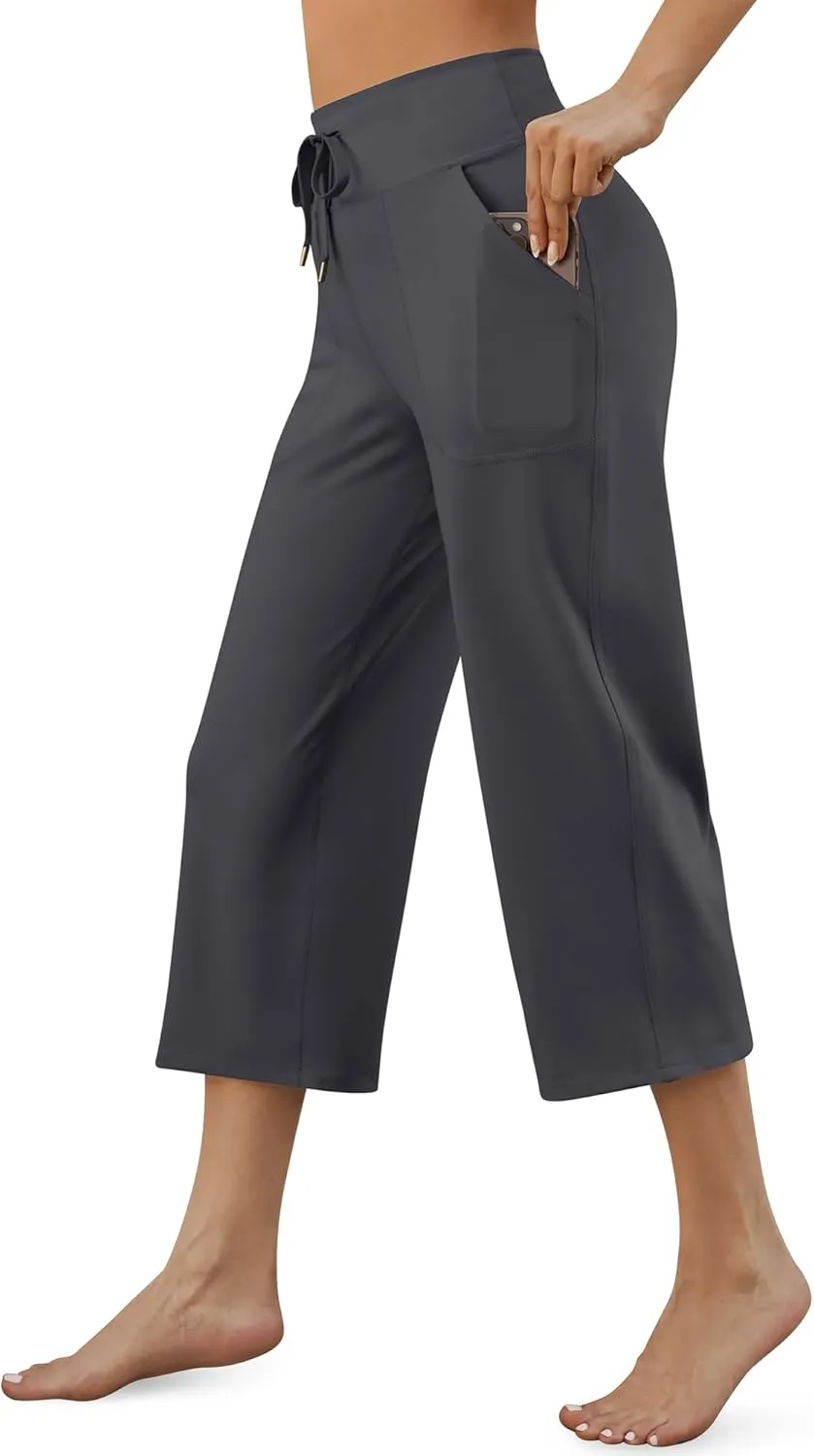 G4Free Wide Leg Capris Yoga Pants for Women with Pockets Summer High Waist Dress Pants for Workout Casual Pants 21"