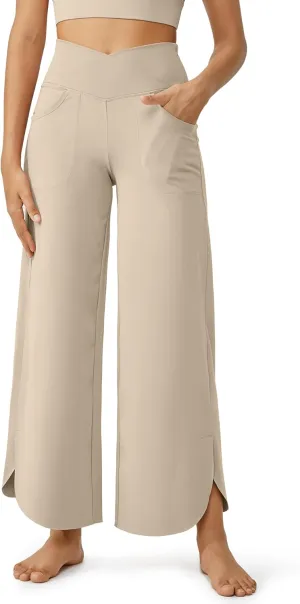 G4Free Wide Leg Pants for Women 29'' Loose Yoga Capri Pants Cross High Waist Dance Palazzo Casual Pants with Pockets