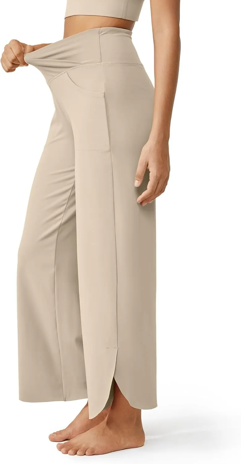 G4Free Wide Leg Pants for Women 29'' Loose Yoga Capri Pants Cross High Waist Dance Palazzo Casual Pants with Pockets