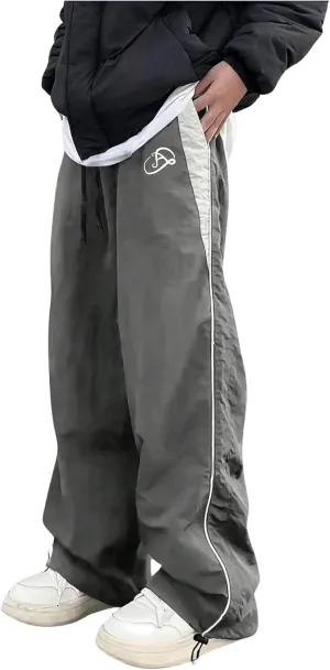 GORGLITTER Men's Drawstring Waist Cargo Pants Letter Print Wide Leg Y2k Pants