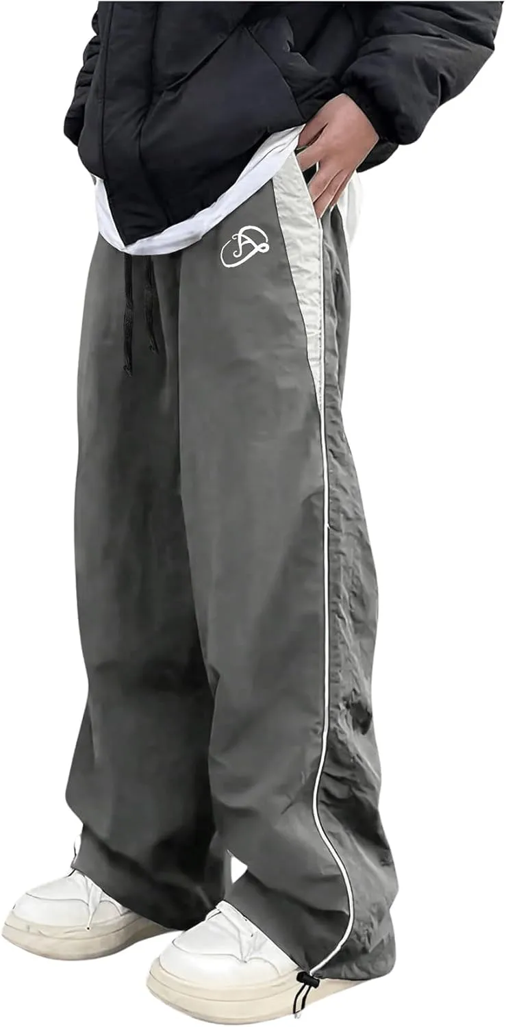 GORGLITTER Men's Drawstring Waist Cargo Pants Letter Print Wide Leg Y2k Pants