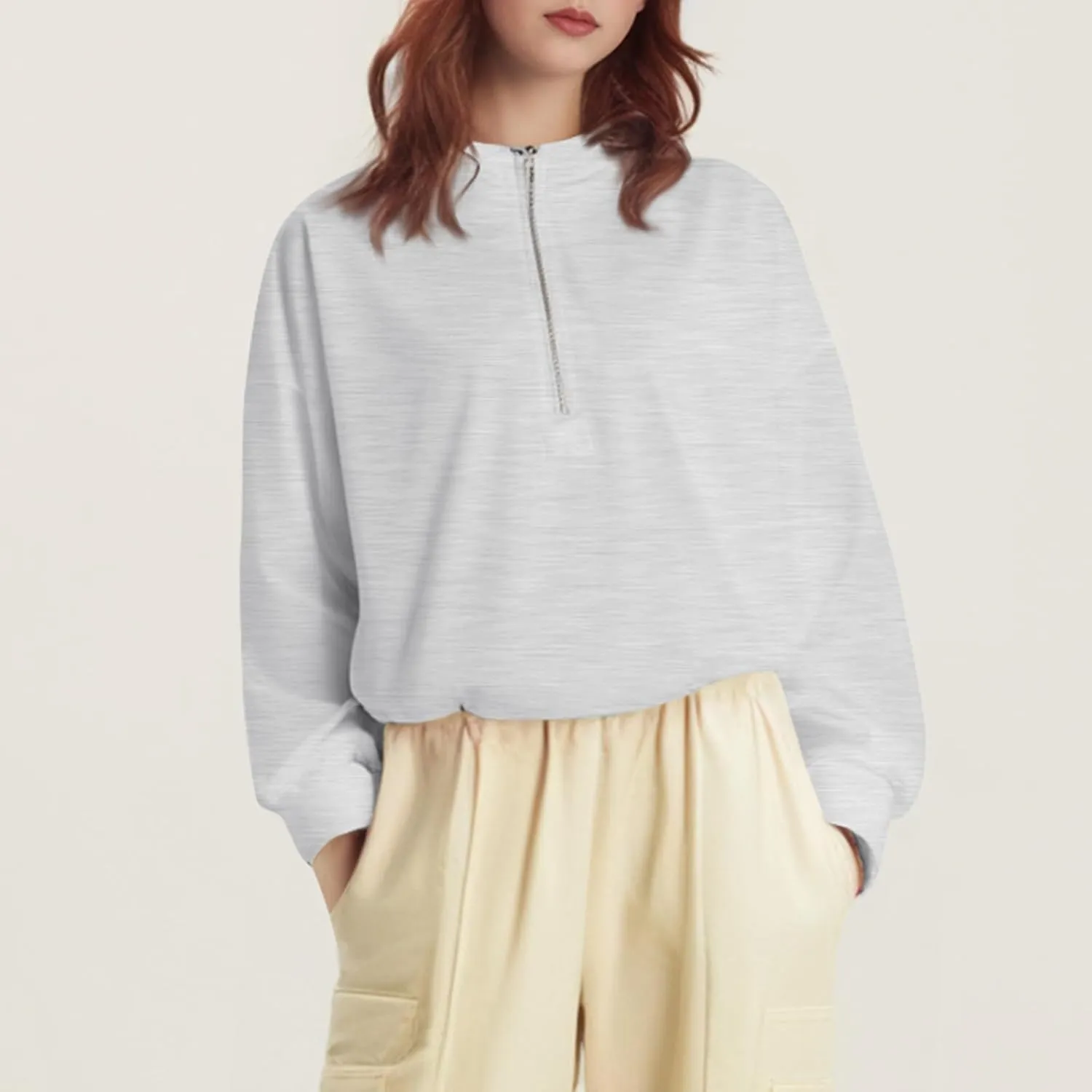 Half Zip Pullover Women Casual Long Sleeve Lapel Hooded Sweatshirt Cute Hoodies with Adjustable Drawstring Bottom