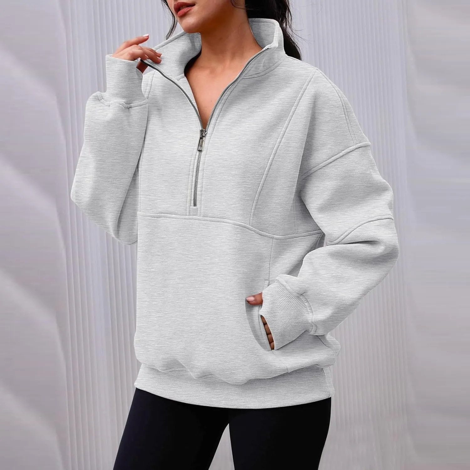 Half Zip Pullover Women Cropped Fleece Oversized Sweatshirt Long Sleeve Thumb Hole Quarter Zipper Hoodies with Pockets