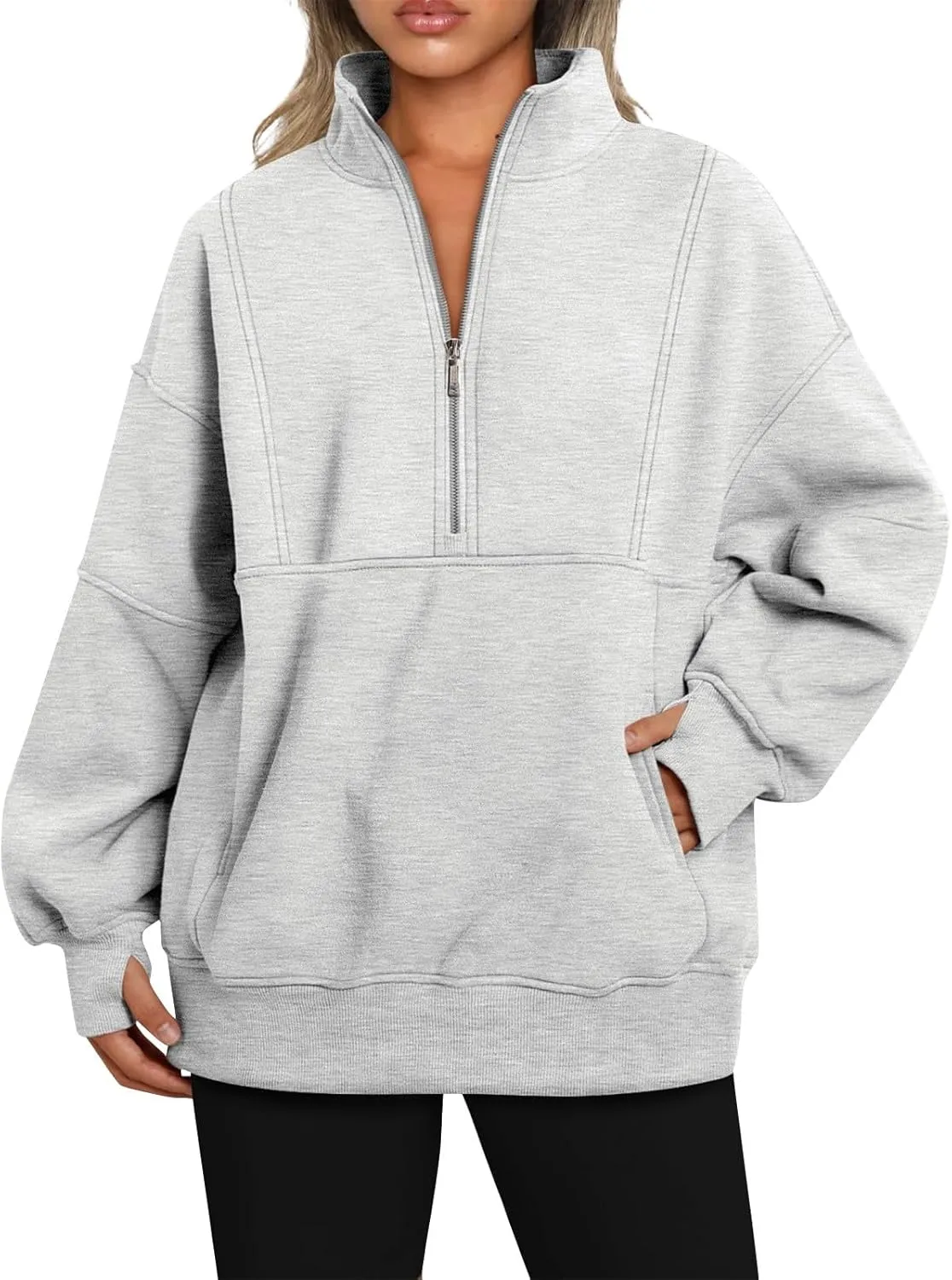 Half Zip Pullover Women Cropped Fleece Oversized Sweatshirt Long Sleeve Thumb Hole Quarter Zipper Hoodies with Pockets