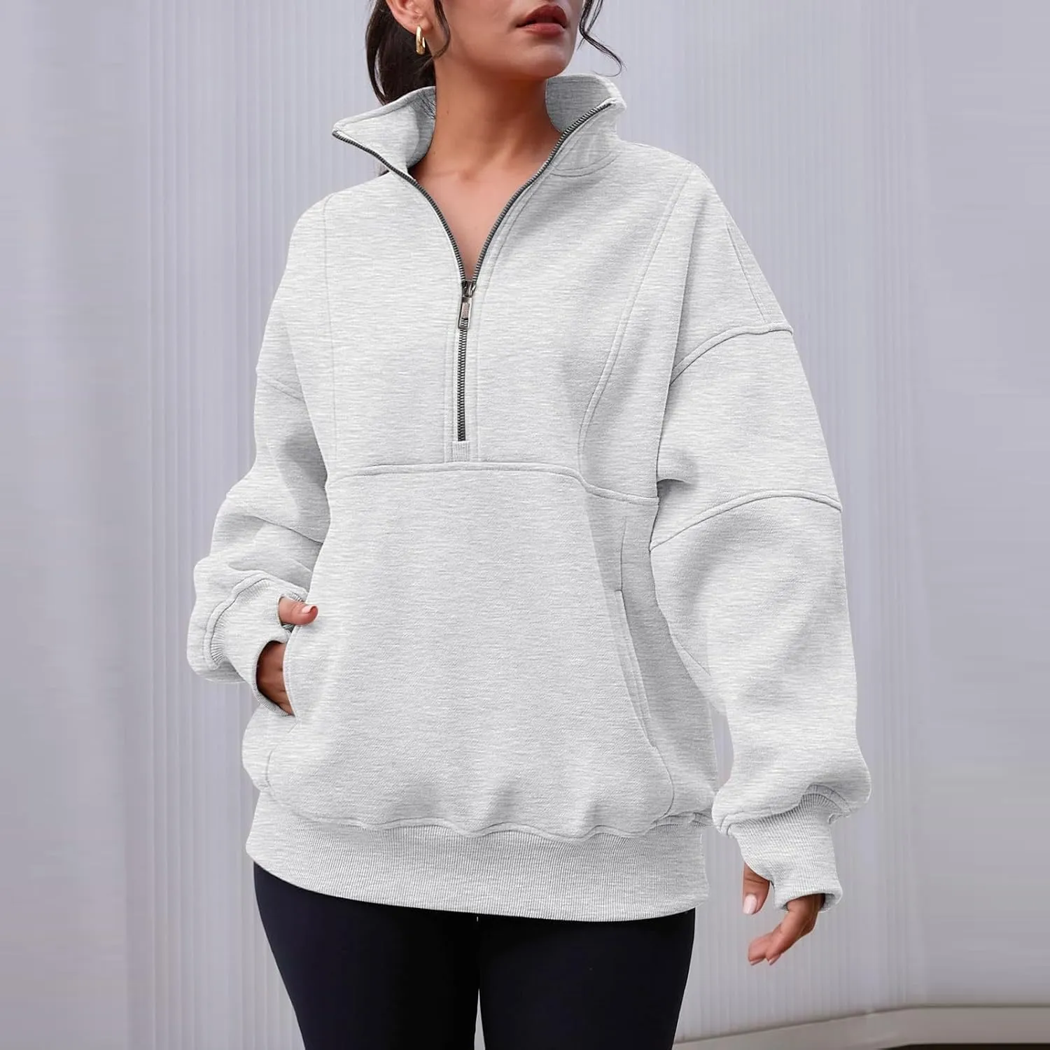 Half Zip Pullover Women Cropped Fleece Oversized Sweatshirt Long Sleeve Thumb Hole Quarter Zipper Hoodies with Pockets