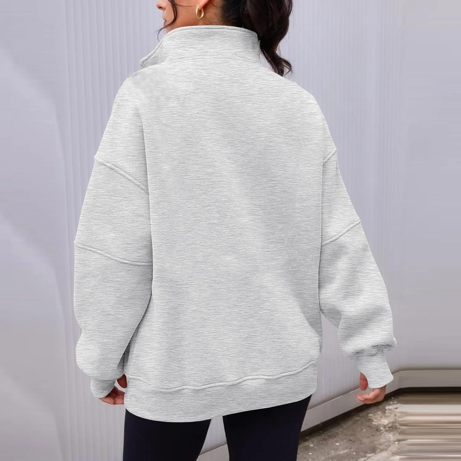 Half Zip Pullover Women Cropped Fleece Oversized Sweatshirt Long Sleeve Thumb Hole Quarter Zipper Hoodies with Pockets