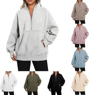 Half Zip Pullover Women Cropped Fleece Oversized Sweatshirt Long Sleeve Thumb Hole Quarter Zipper Hoodies with Pockets