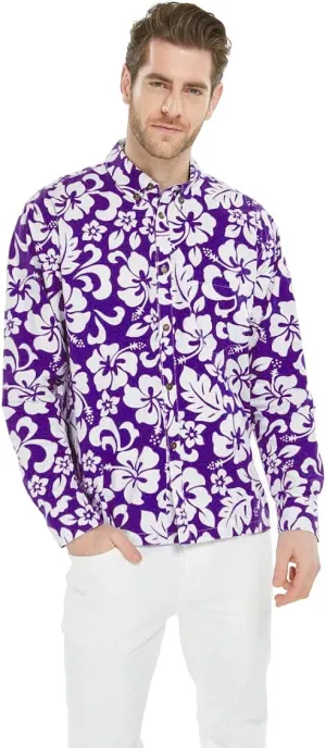 Hawaii Hangover Men's Hawaiian Long Sleeve Shirt Aloha Shirt Flamingo in Love White