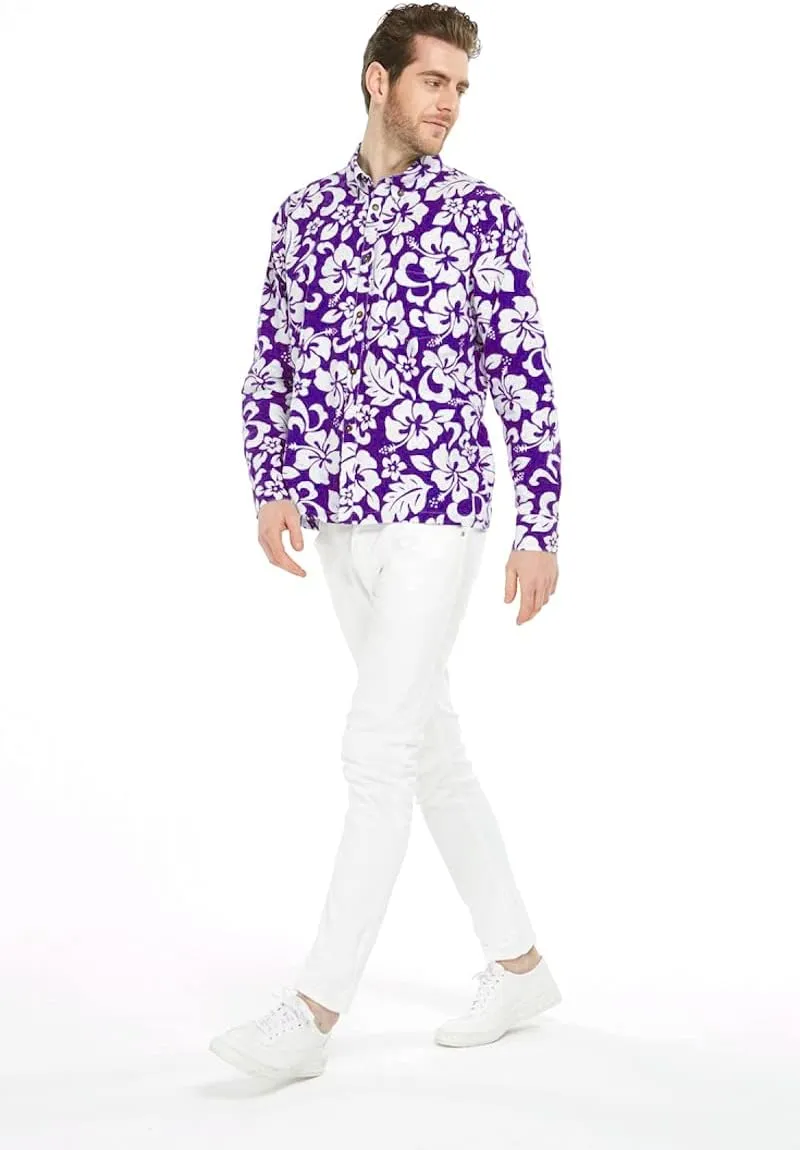 Hawaii Hangover Men's Hawaiian Long Sleeve Shirt Aloha Shirt Flamingo in Love White