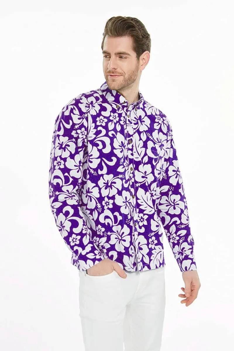 Hawaii Hangover Men's Hawaiian Long Sleeve Shirt Aloha Shirt Flamingo in Love White