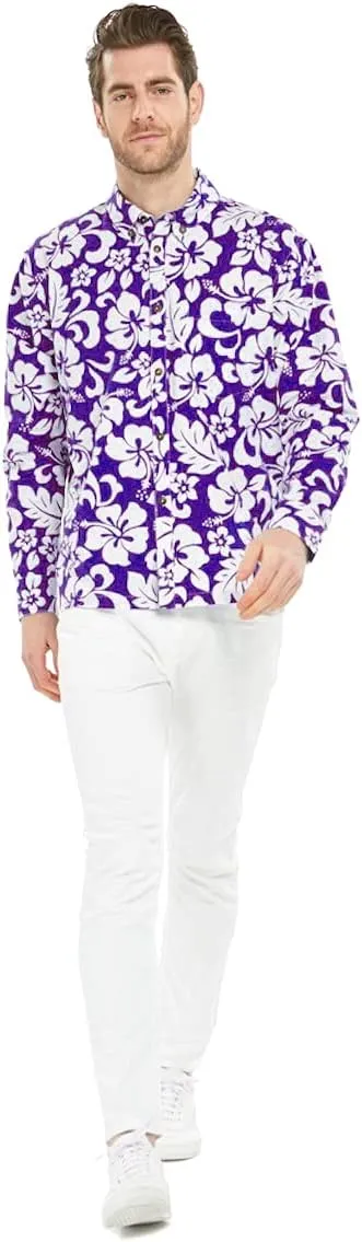 Hawaii Hangover Men's Hawaiian Long Sleeve Shirt Aloha Shirt Flamingo in Love White