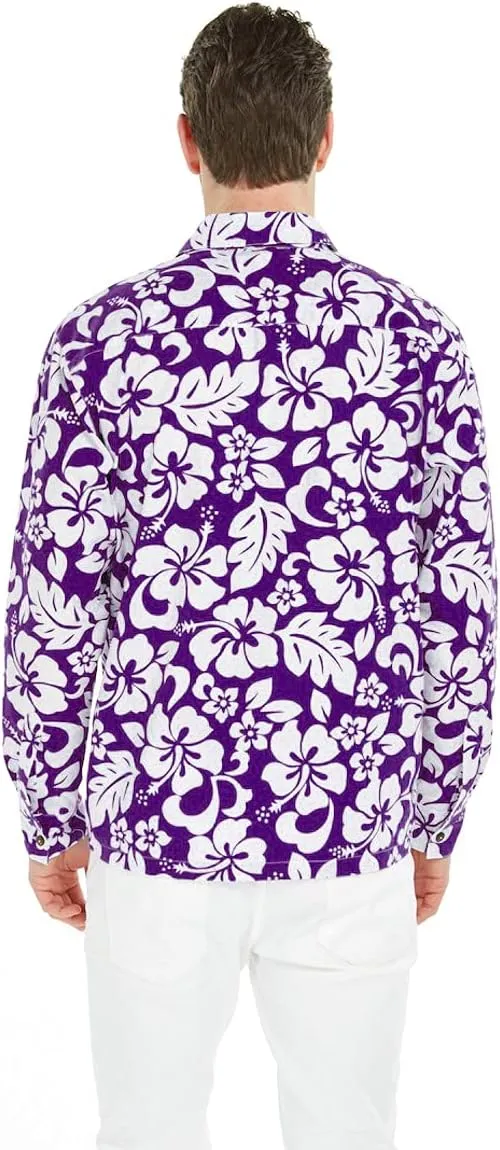 Hawaii Hangover Men's Hawaiian Long Sleeve Shirt Aloha Shirt Flamingo in Love White