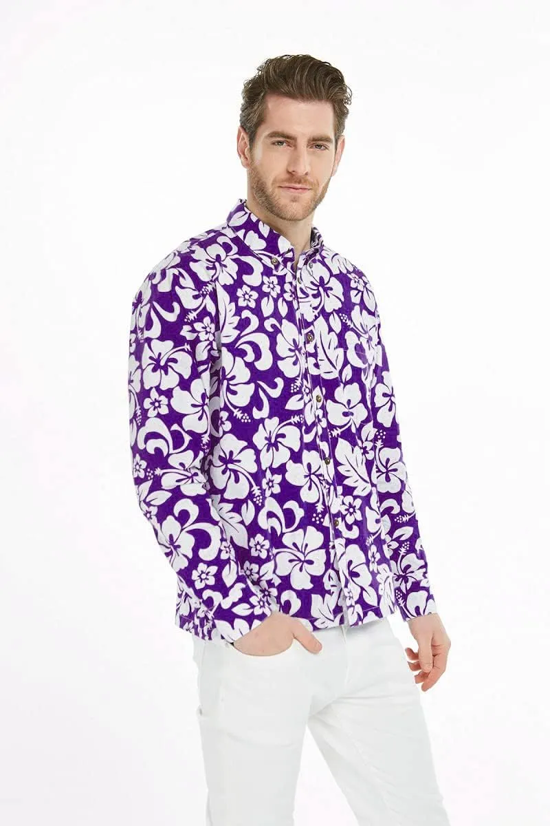 Hawaii Hangover Men's Hawaiian Long Sleeve Shirt Aloha Shirt Flamingo in Love White