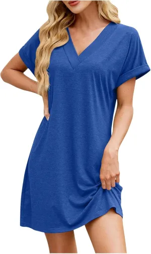 hlysgo Womens Beach Dress 2025 Casual Loose Fit Comfy Going Out Dresses Summer Short Sleeve V Neck Mini Dress for Ladies