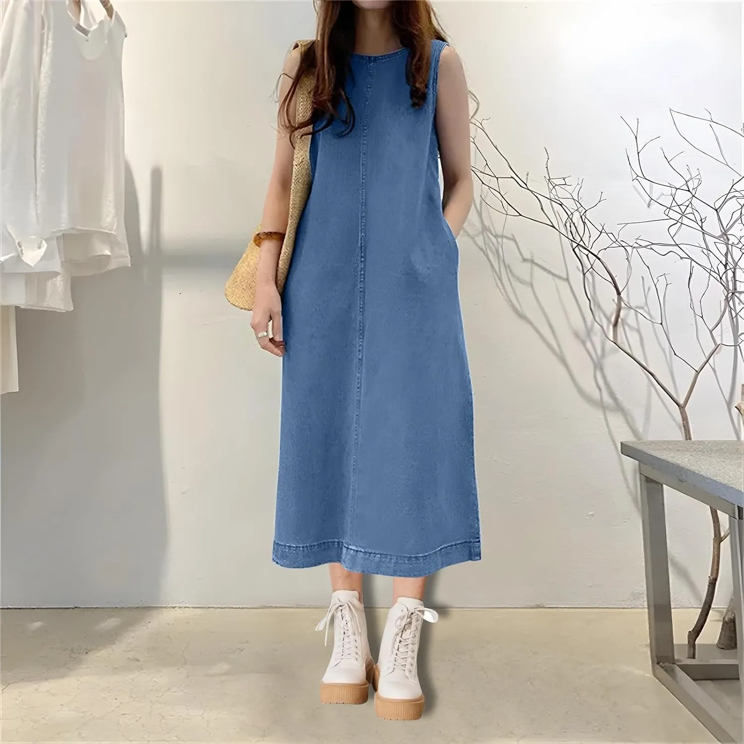 hlysgo Women's Denim Dress Summer Casual Loose Fit Sleeveless Crew Neck Sundress Trendy Plus Size Maxi Dresses with Pockets