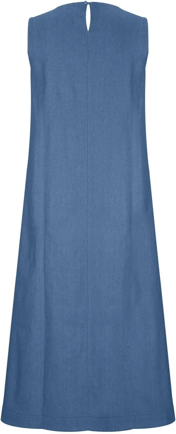 hlysgo Women's Denim Dress Summer Casual Loose Fit Sleeveless Crew Neck Sundress Trendy Plus Size Maxi Dresses with Pockets
