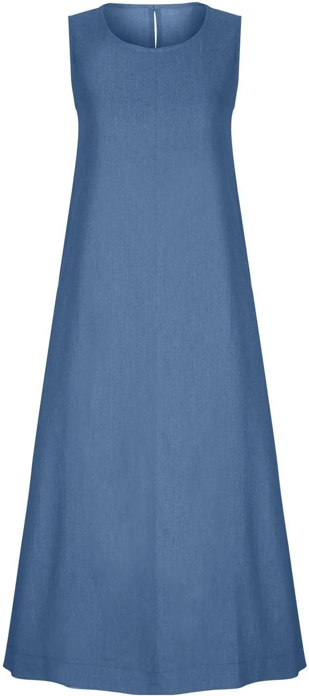 hlysgo Women's Denim Dress Summer Casual Loose Fit Sleeveless Crew Neck Sundress Trendy Plus Size Maxi Dresses with Pockets