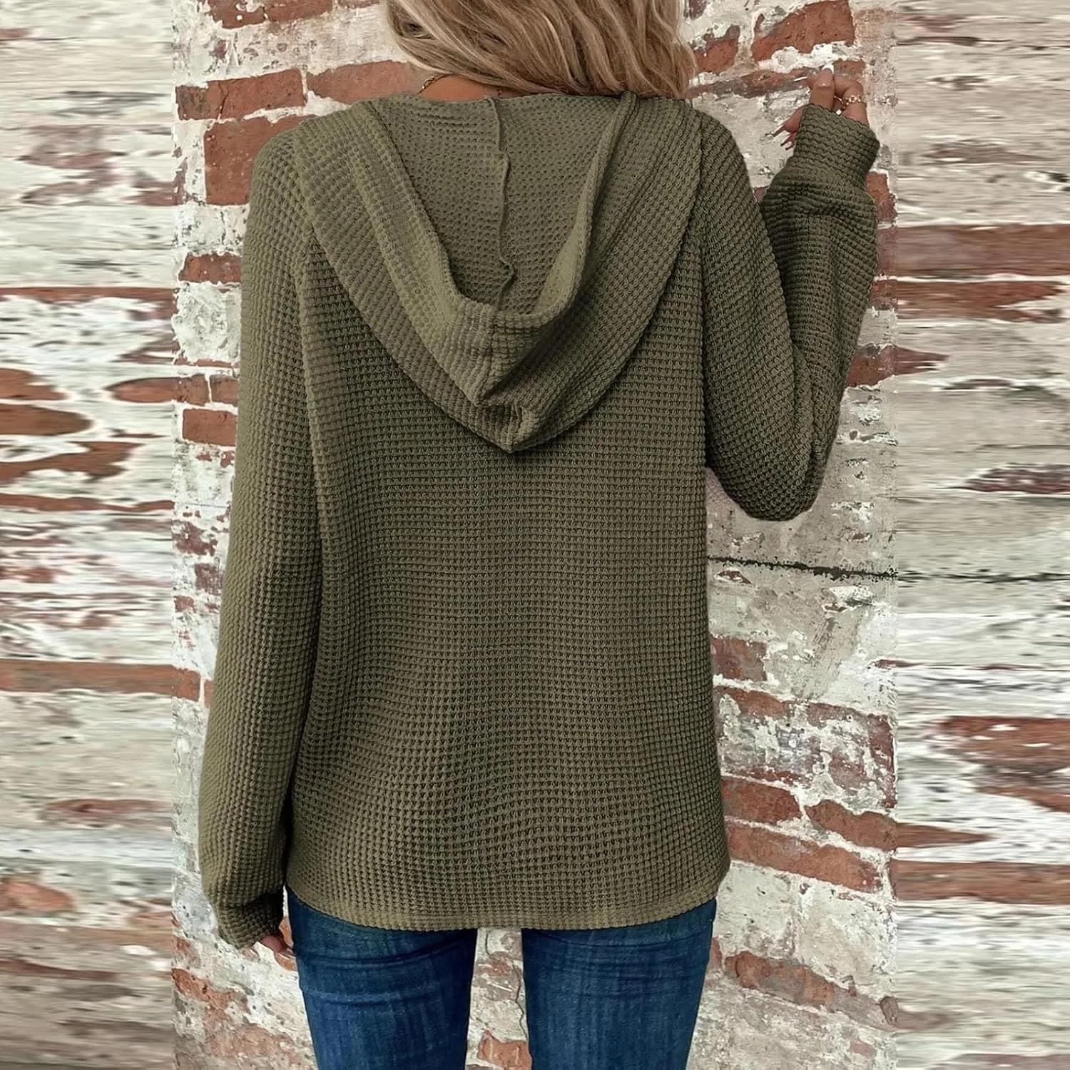Hoodies for Women Waffle Knit Drawstring Button V Neck Hooded Sweatshirt Fall Loose Fit Long Sleeve Pullover Sweater