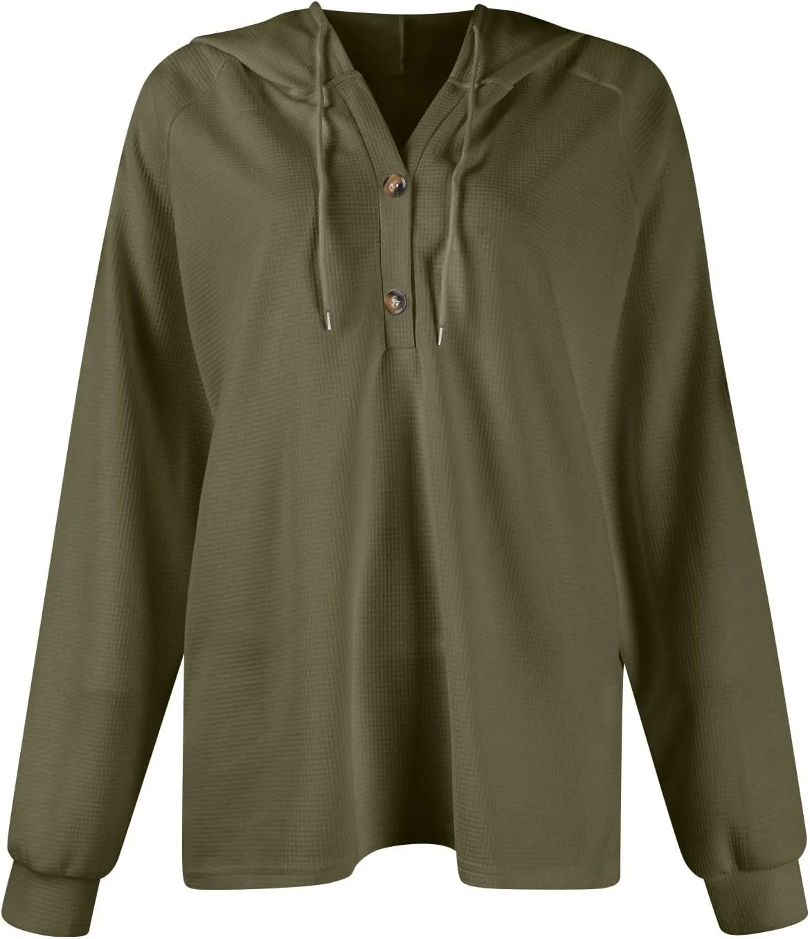 Hoodies for Women Waffle Knit Drawstring Button V Neck Hooded Sweatshirt Fall Loose Fit Long Sleeve Pullover Sweater